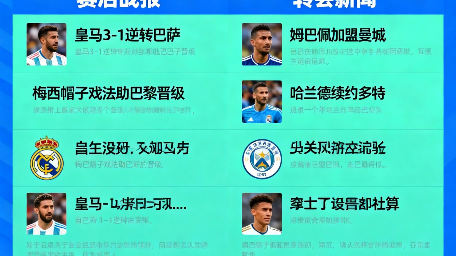 足球大赢家新闻资讯模块，赛后战报与转会新闻